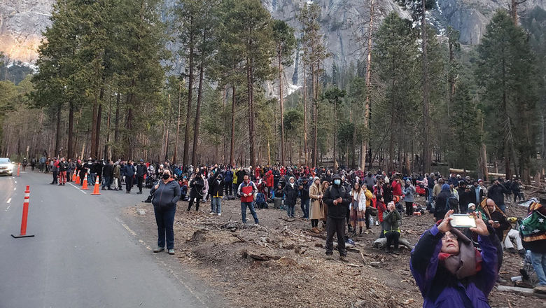A large crowd of tourists at Yosemite National Park.