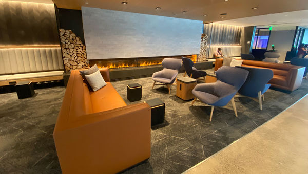 Each level of the new United Club in Denver has a large fireplace.