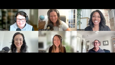 Travel Weekly's reporting team, clockwise from top left: Jamie Biesiada, host Rebecca Tobin, Nicole Edenedo, Robert Silk, Andrea Zelinski and Christina Jelski.