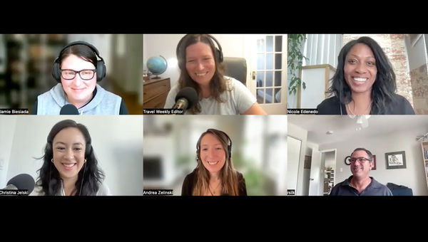 Travel Weekly's reporting team, clockwise from top left: Jamie Biesiada, host Rebecca Tobin, Nicole Edenedo, Robert Silk, Andrea Zelinski and Christina Jelski. Travel Weekly's reporting team, clockwise from top left: Jamie Biesiada, host Rebecca Tobin, Nicole Edenedo, Robert Silk, Andrea Zelinski and Christina Jelski.