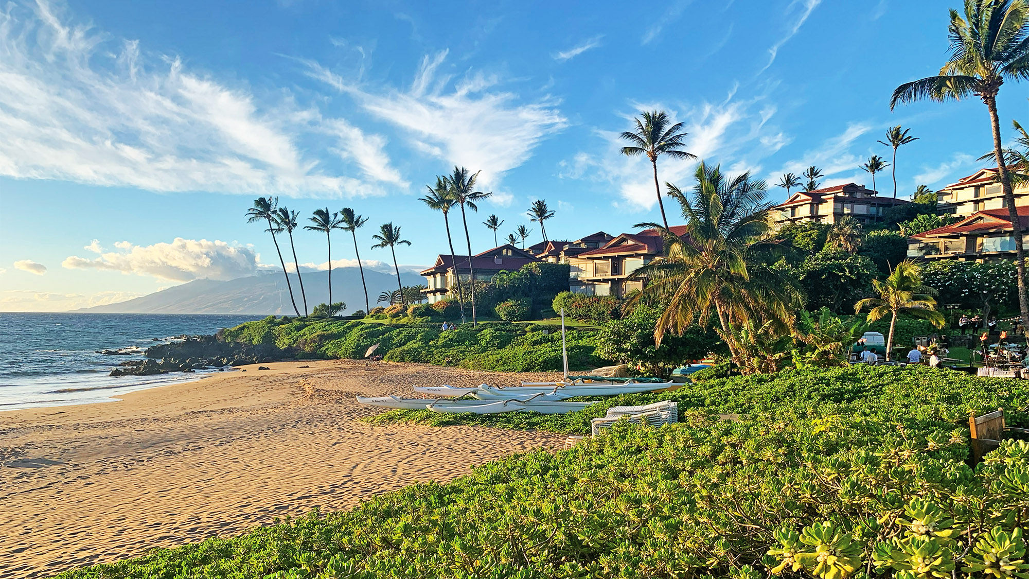 On the island just one month after Lahaina was ravaged by deadly wildfires, visitors were greeted with empatic thanks for coming back. Pictured, the beach at the Fairmont Kea Lani.