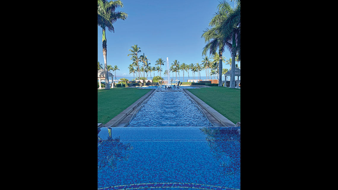 The water feature in front of the Grand Wailea Waldorf Astoria, looking toward the beach.