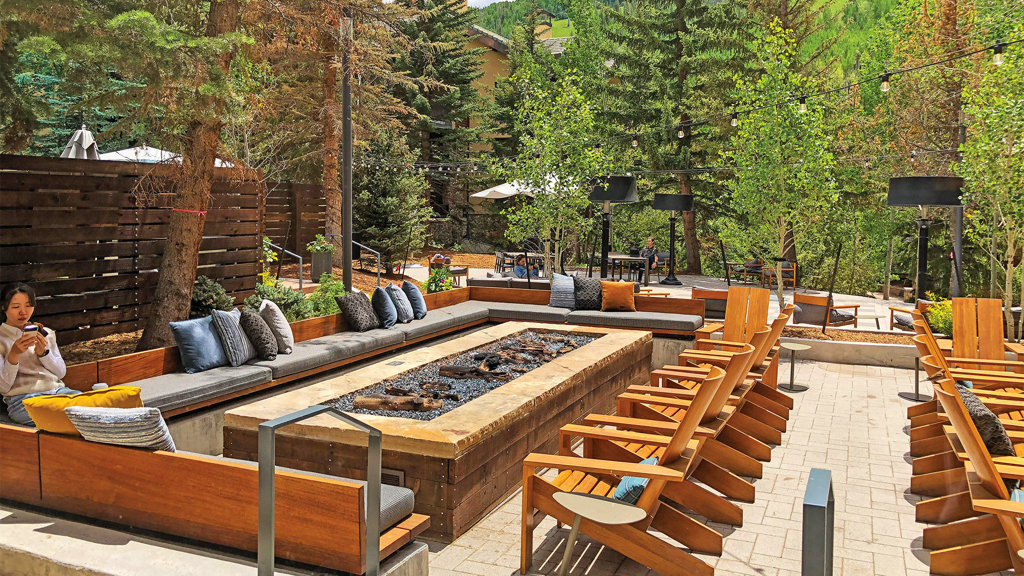A cozy outdoor patio area at the Hythe, a Luxury Collection Resort in Vail's Lionshead Village.