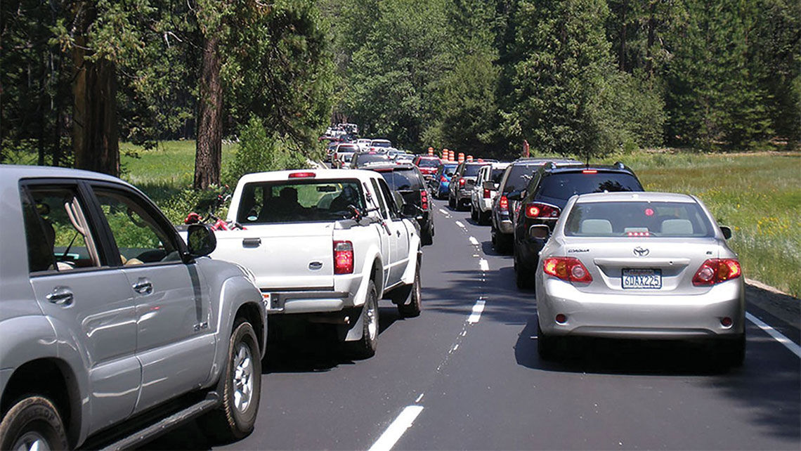 Traffic congestion on a roadway at Yosemite National Park.