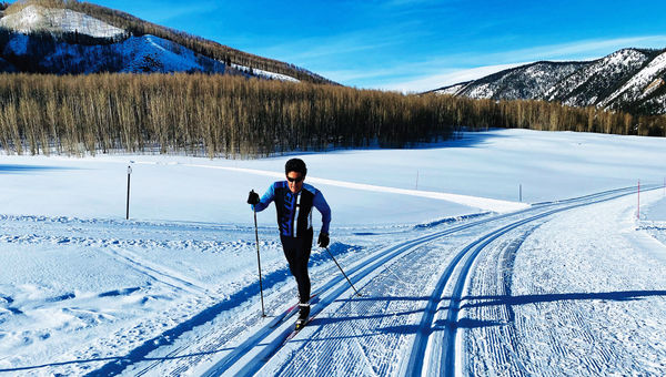 A Nordic skier on Ashcroft Ski Touring’s groomed classic and skate ski trails. A Nordic skier on Ashcroft Ski Touring’s groomed classic and skate ski trails.
