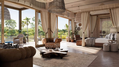 Rendering of a guestroom at the Atzaro Okavango camp, which is scheduled to open in March.