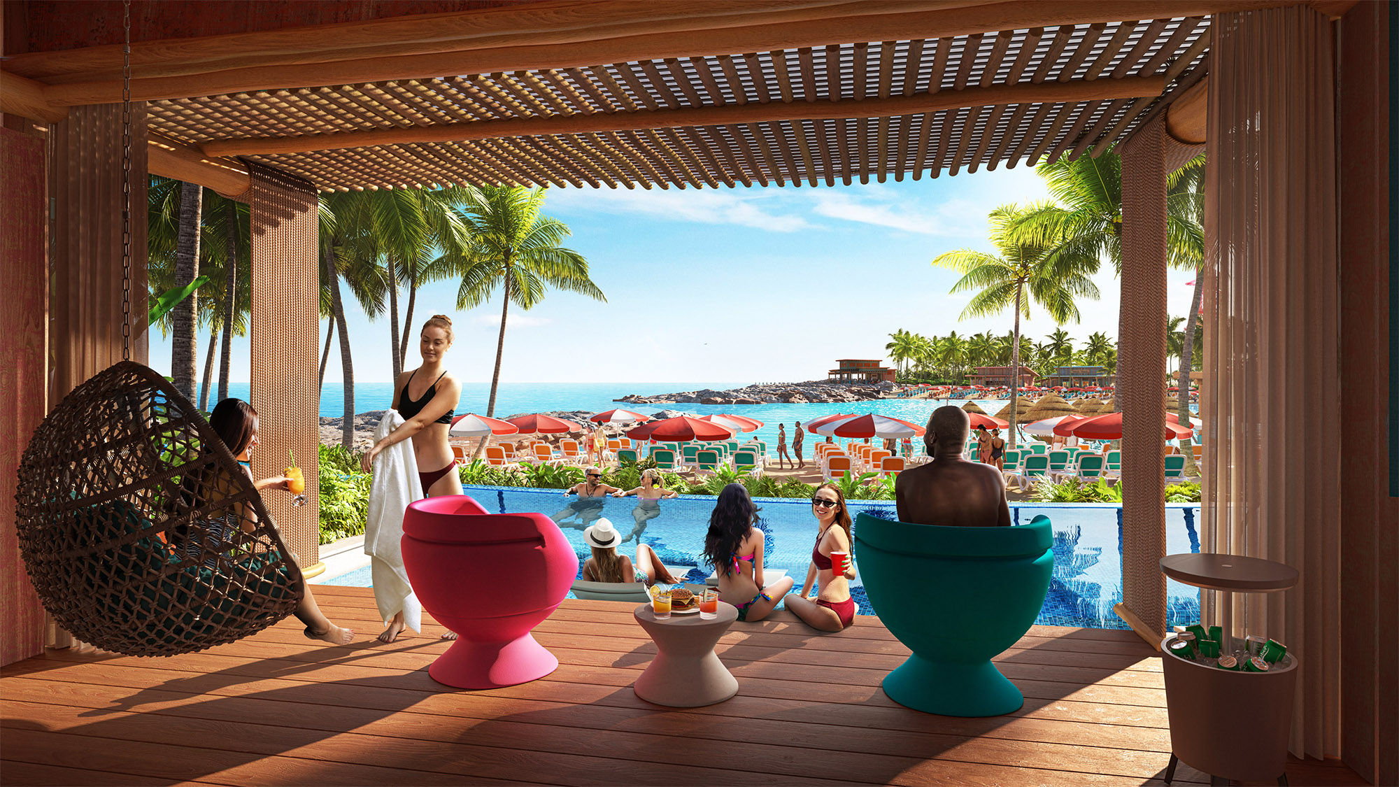 A rendering of one of the 20 cabanas at the upcoming Hideaway Beach adults-only area at Royal Caribbean's Perfect Day at CocoCay.