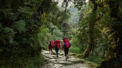 Travelers trek through Ghorepani village in Nepal with Intrepid Travel, which just began carbon labeling all of its tours on its webpage.