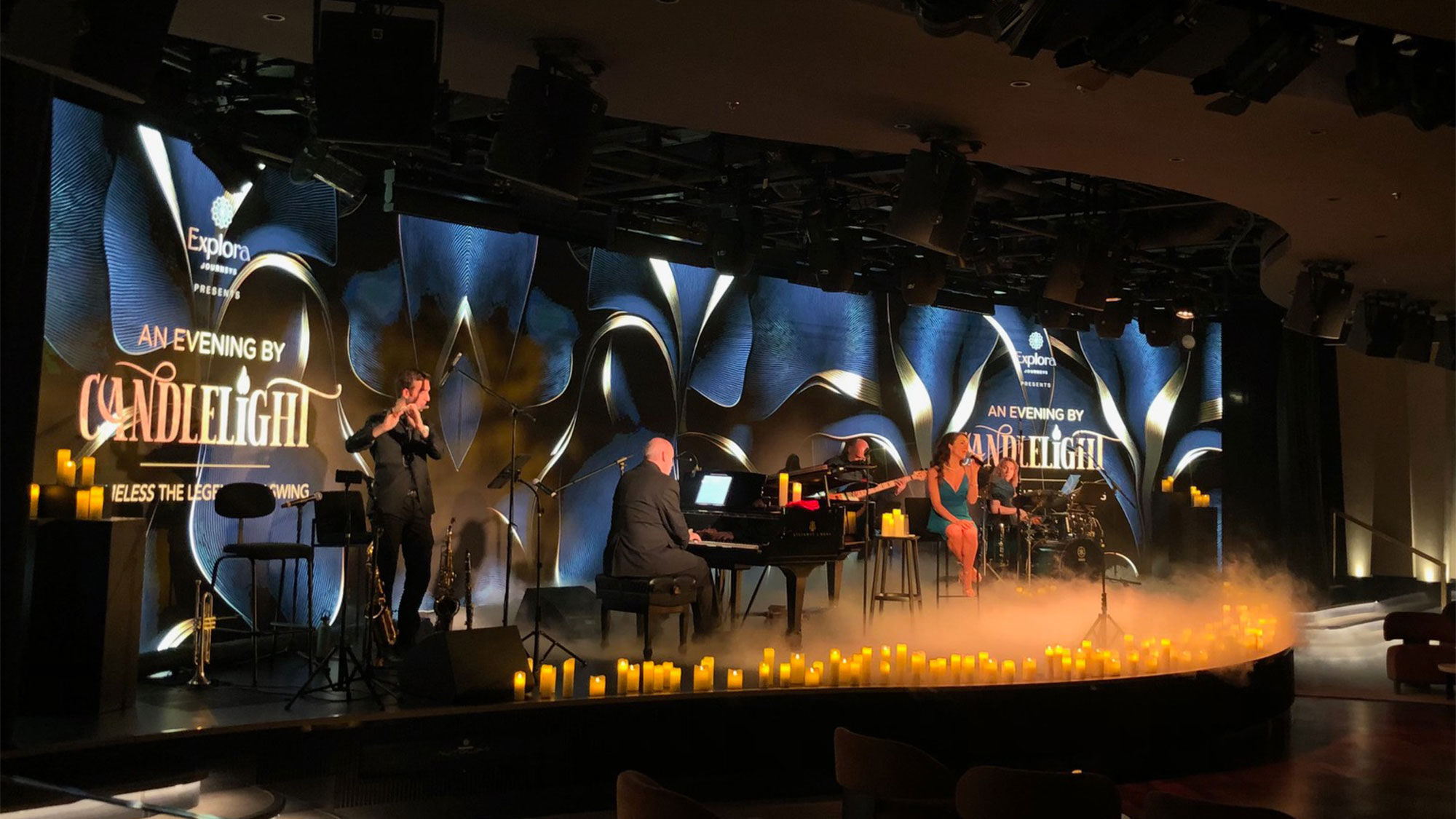 The main show lounge on Explora I features a series of "An Evening By Candlelight" musical presentations.