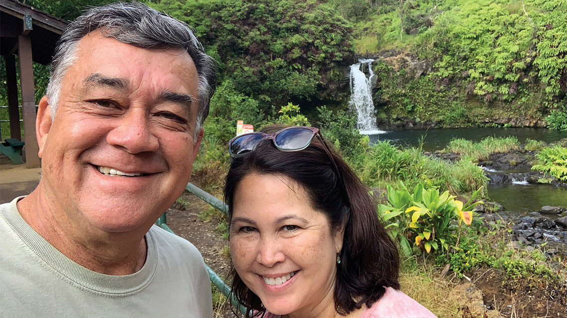 Kathy and her husband Rex visit a waterfall on the Road to Hana.