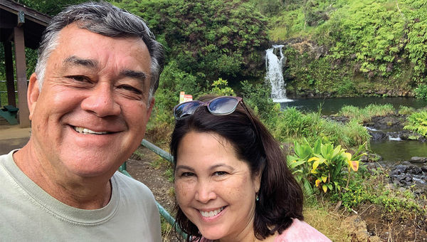 Kathy and her husband Rex visit a waterfall on the Road to Hana.