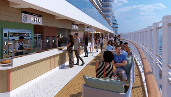 The Promenade will serve pizza, burgers, hot dogs, bagels and ice cream. The Promenade will serve pizza, burgers, hot dogs, bagels and ice cream.
