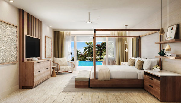 Signature swim-up suite bedroom at Sandals Saint Vincent and the Grenadines.