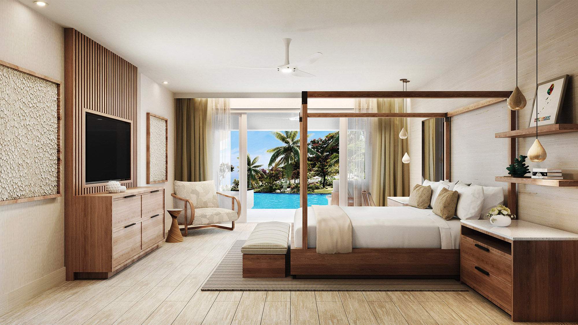 The bedroom of a swim-up suite at the Sandals Saint Vincent and the Grenadines.