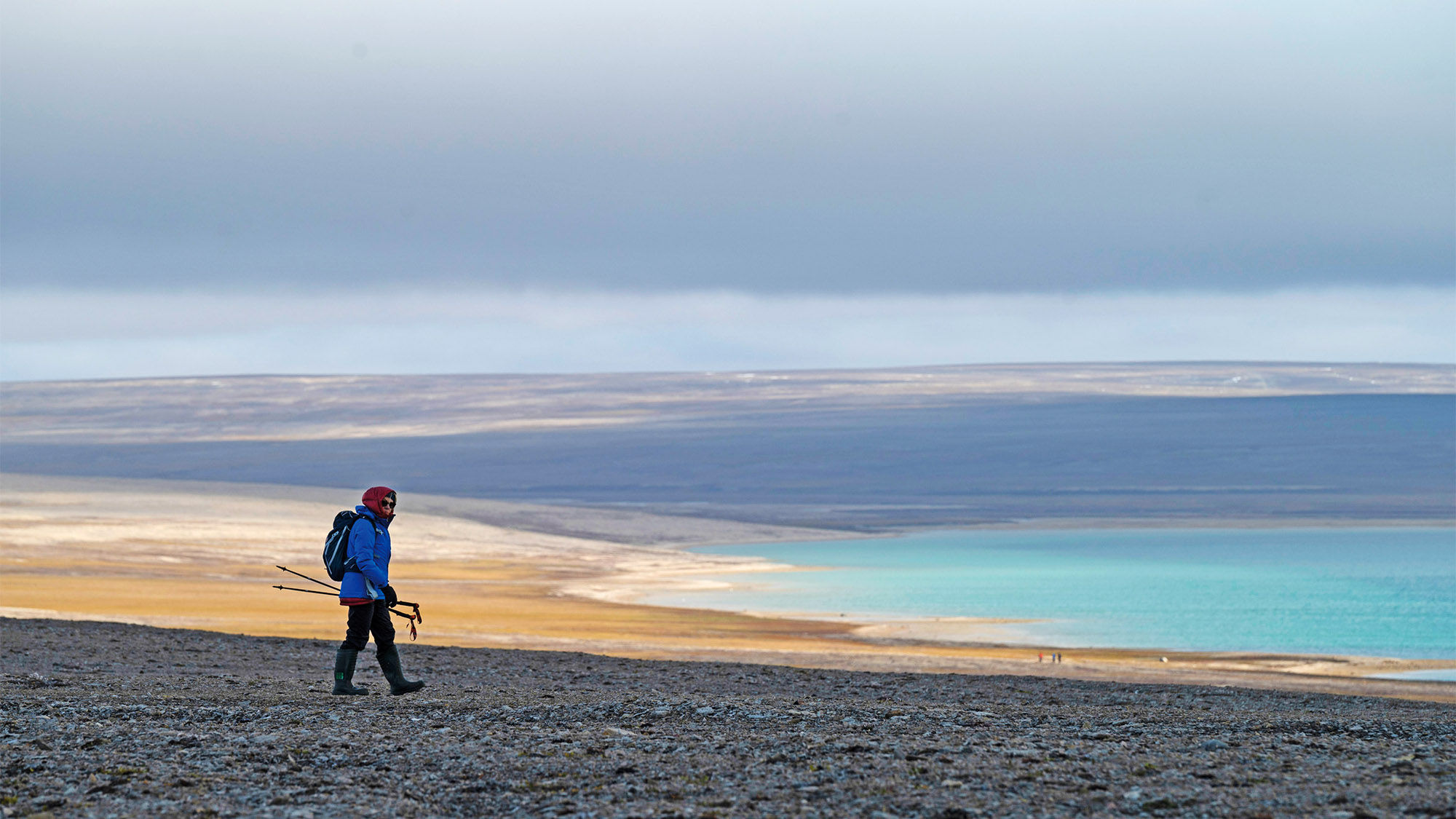 A lone hiker at a stop in Paisley Bay on the Boothia Peninsula in the Canadian Arctic.