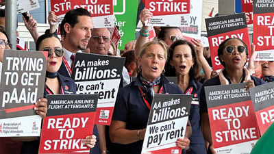 American Airlines flight attendants protest at Dallas/Fort Worth Airport.