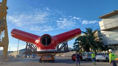 The Carnival Freedom's new winged funnel at the shipyard in Cadiz, Spain.
