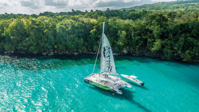 Island Routes' Calipsoul catamaran sailing off the coast of Jamaica.