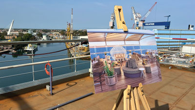 A private terrace on Cunard's Queen Anne will be available for guests to book for private events and receptions. A rendering shows what it wil look like when completed.