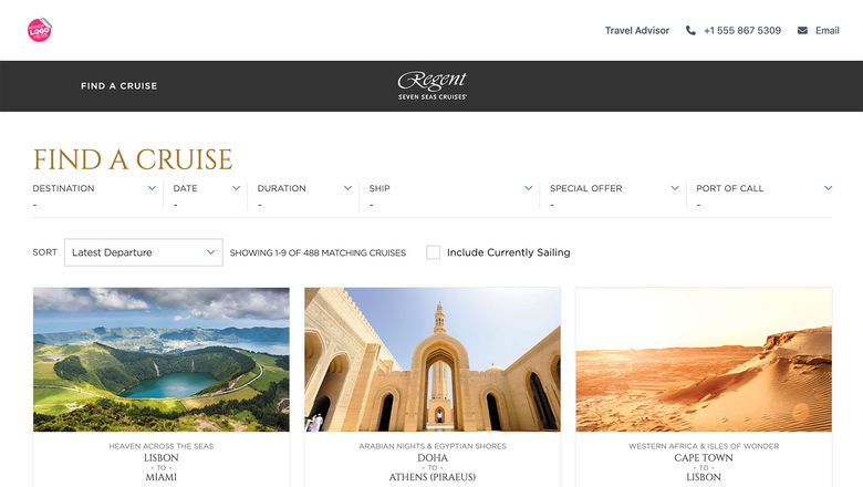 An example of a website co-branded to a travel advisor and Regent Seven Seas Cruises, powered by Approach Guides.