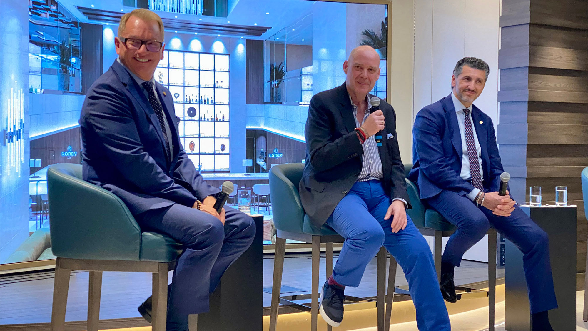 Explora Journeys chief sales officer Chris Austin, CEO Michael Ungerer and chief commercial officer Achille Staiano, onboard the Explora 1 in New York.