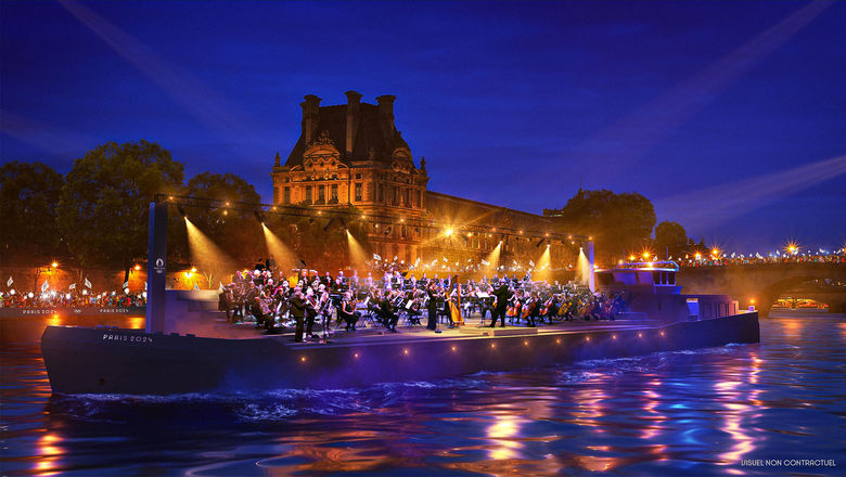 A rendering of the Seine opening ceremony with a concert by the French National Orchestra on a barge.