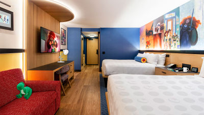 A rendering of a Pixar Place Hotel guestroom.