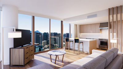 A rendering of a one-bedroom guest accommodation at the Renaissance Honolulu.