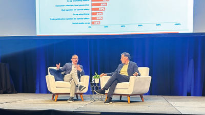 Travel Weekly editor in chief Arnie Weissmann (right) in conversation with Ensemble president Michael Johnson.