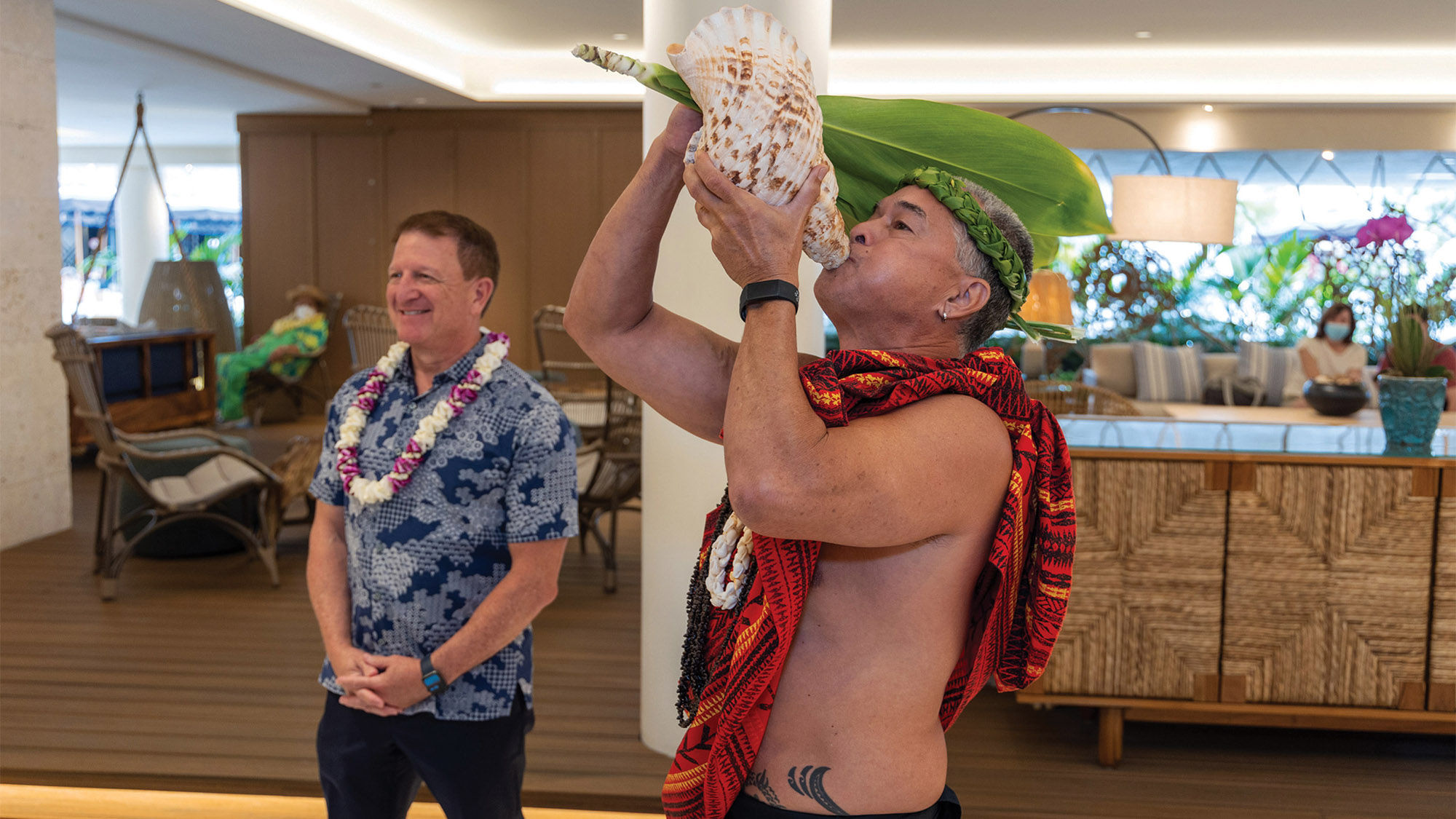 Outrigger Hospitality Group CEO Jeff Wagoner and Kumu Blaine Kia at the blessing and opening of the A'o Cultural Center and Herb Kane Lounge at the Outrigger Reef Waikiki Beach Resort in 2022.