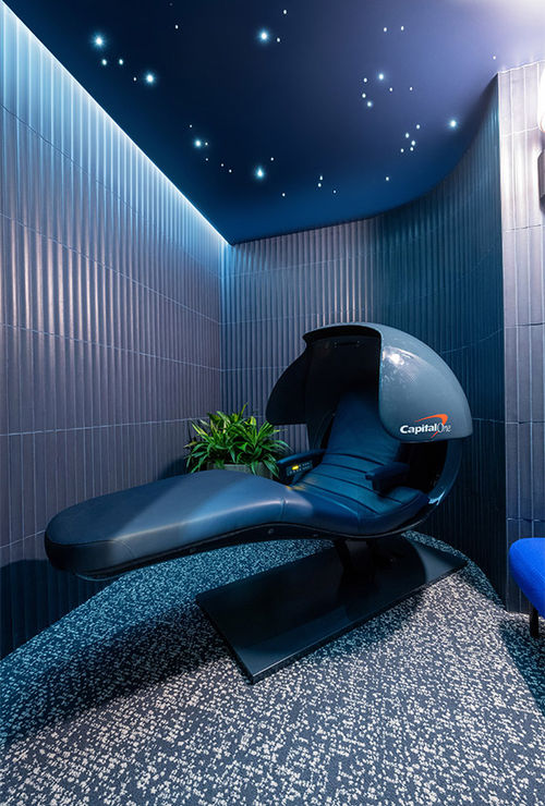 The Denver Airport Capital One Lounge offers private relaxation rooms. The Denver Airport Capital One Lounge offers private relaxation rooms.
