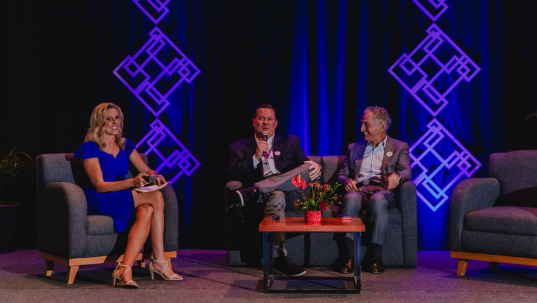 ALG Vacations executive vice president Jacki Marks moderates a fireside chat with ALG Vacations group president Ray Snisky (center) and Hyatt CEO Mark Hoplamazian.