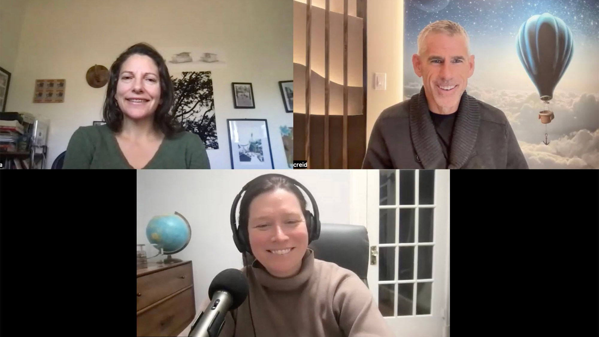 Clockwise from top: News editor Johanna Jainchill, MMGY chairman Clayton Reid and managing editor/host Rebecca Tobin on an episode to talk about recession and how economic trends will impact travel spending.