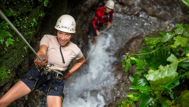 A G Adventures guest canyoneering during a Geluxe premium tour in Costa Rica.