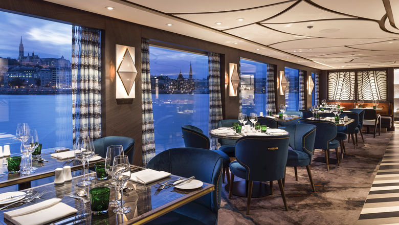 The restaurant on Uniworld's S.S. Victoria, the former Crystal Bach that is being chartered by Uniworld from Riverside Cruises for the next three years. The ship will host the 2024 President's Cruise.