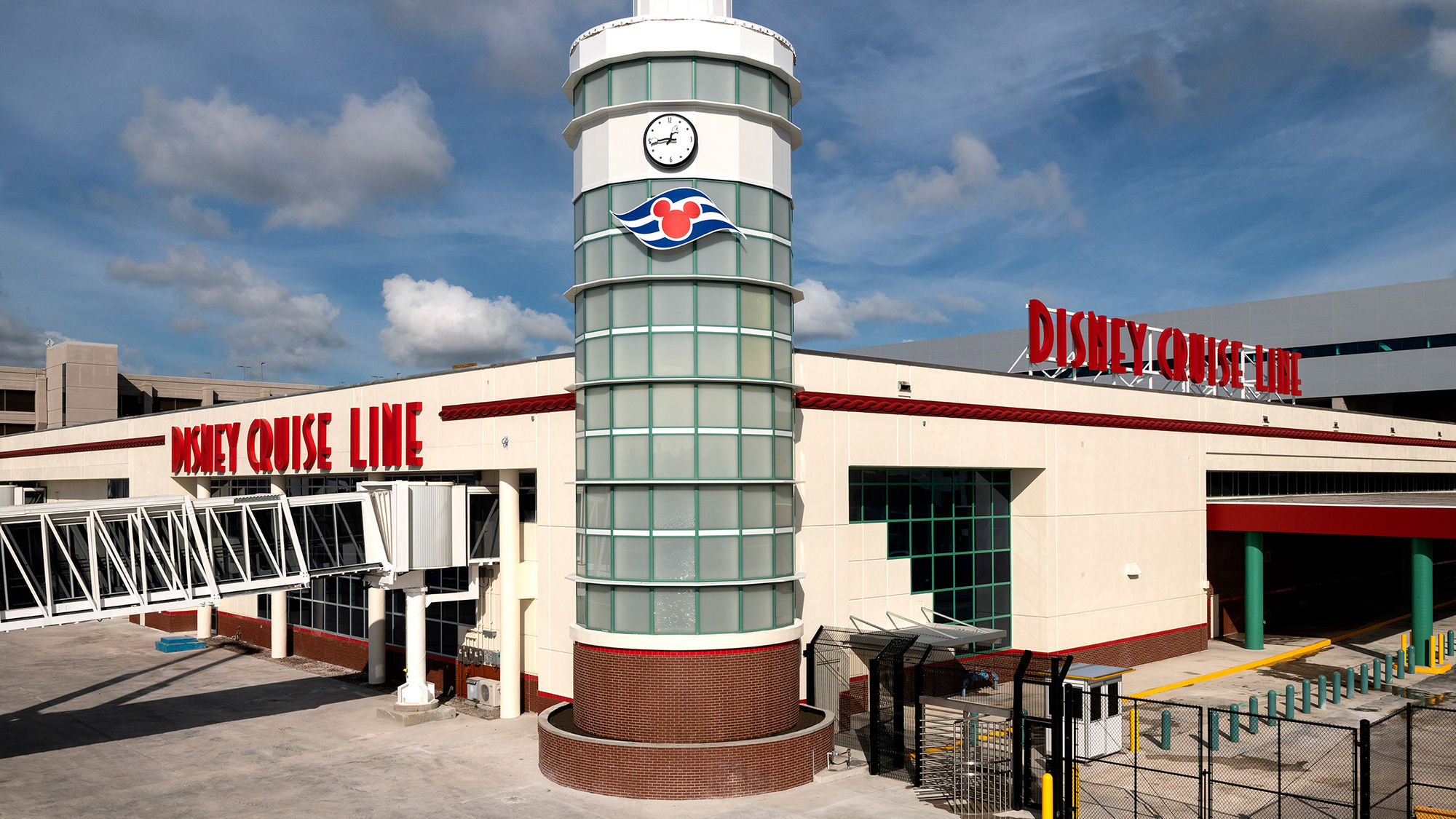 The exterior of Disney's cruise terminal at Port Everglades. The facility is a reimagination of the port's Terminal 4.