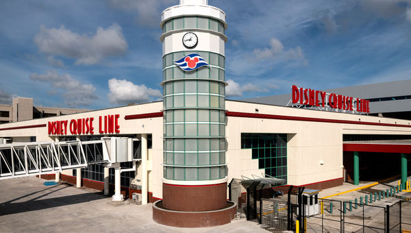 The exterior of Disney's cruise terminal at Port Everglades. The facility is a reimagination of the port's Terminal 4. The exterior of Disney's cruise terminal at Port Everglades. The facility is a reimagination of the port's Terminal 4.