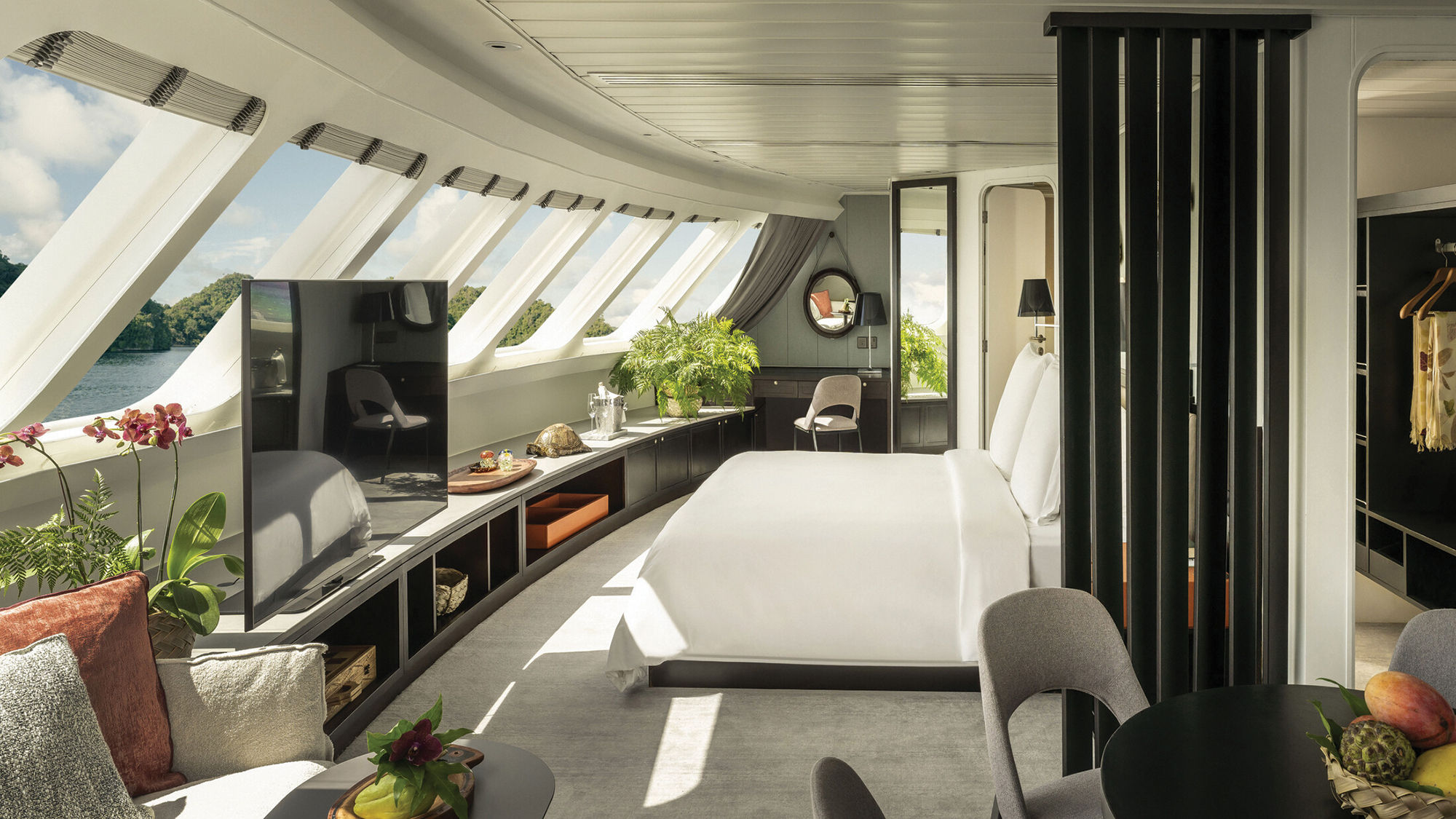 The interior of a suite aboard the Four Seasons Explorer, Palau.
