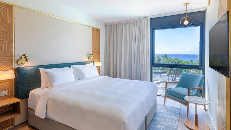 An oceanview guestroom at the Radisson Hotel Saint Denis on Reunion Island.