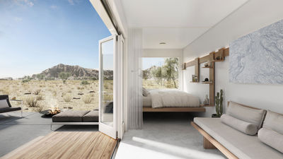 A rendering of a guestroom and patio at the Reset Hotel Joshua Tree.