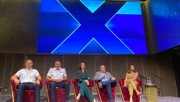 From left, Celebrity Ascent co-captains Tasos and Dimitris Kafetzis, Celebrity president Laura Hodges Bethge, Royal Caribbean Group CEO Jason Liberty, and RCG global communications officer Heather Hust Rivera. From left, Celebrity Ascent co-captains Tasos and Dimitris Kafetzis, Celebrity president Laura Hodges Bethge, Royal Caribbean Group CEO Jason Liberty, and RCG global communications officer Heather Hust Rivera.