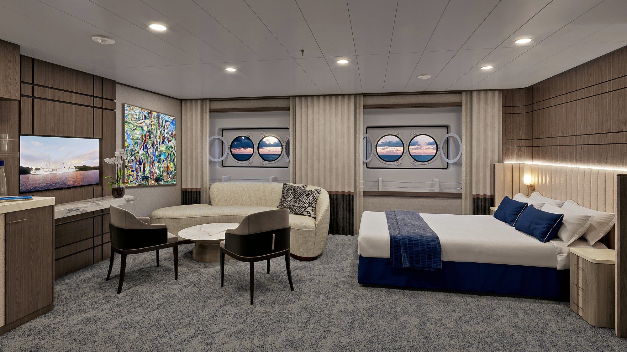 A rendering of a redesigned stateroom on the Wind Star.