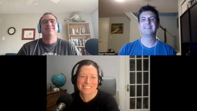 Clockwise from top left: Travel Weekly ski (and aviation) editor Robert Silk, Storm Skiing blogger and podcaster Stuart Winchester and Folo host Rebecca Tobin.