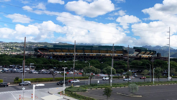 A view of the Aloha Stadium and surrounding swap meet from the Skyline station. It’s about a 5- to 10-minute walk across the street and to the entrance.