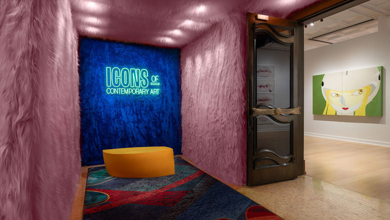 The entrance to the "Icons of Contemporary Art" exhibition pairs faux fur and neon components, creating a unique photo opportunity for guests.