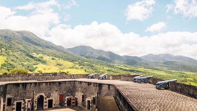 Cannons at the Brimstone Hill Fortress National Park, a Unesco World Heritage site and one of the top tourist draws on St. Kitts.