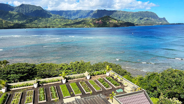 A view of Kauai from the 1 Hotel Hanalei Bay over the resort's rooftop garden. A view of Kauai from the 1 Hotel Hanalei Bay over the resort's rooftop garden.