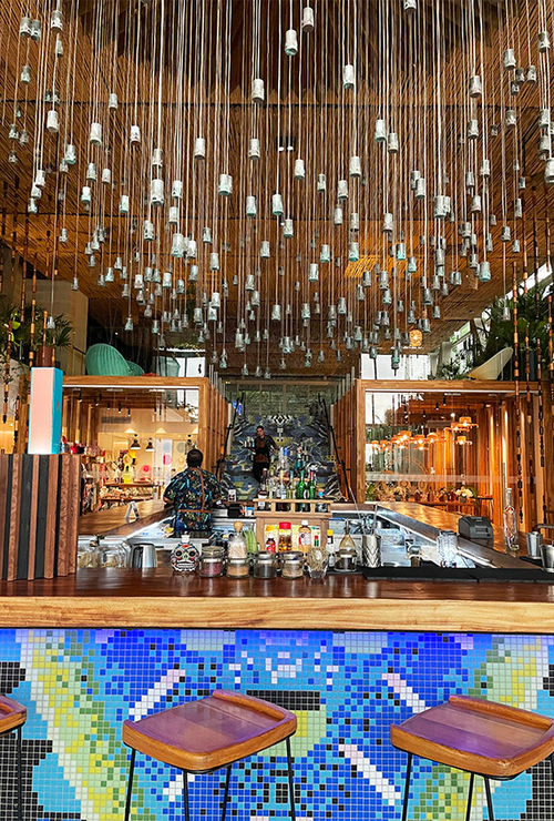 The W Punta de Mita's Living Room bar is decked out with Huichol-inspired mosaics.