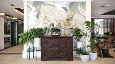 The lobby at the Courtleigh Hotel & Suites received new wallpaper created by Jamaican interior designer Angelie Martin-Spencer.