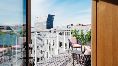 A view of the Munch Museum from the deck of the seventh-floor Dance of Life apartment, one of A-One's vacation rental properties in Oslo.